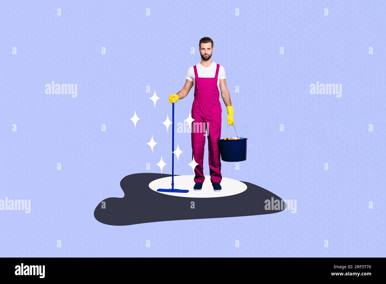 Full body collage picture of professional housekeeper cleaning guy wear pink uniform hold bucket tidy home isolated on purple background Stock Photo