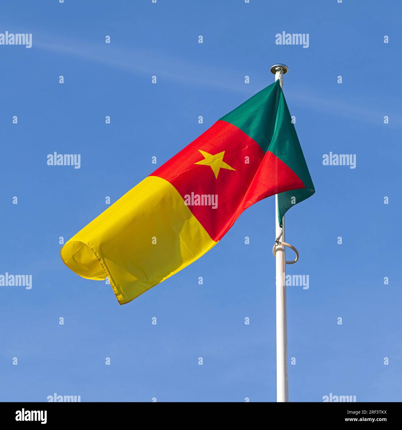 Republic of Cameroon Flag at Blue Sky African Country Stock Photo