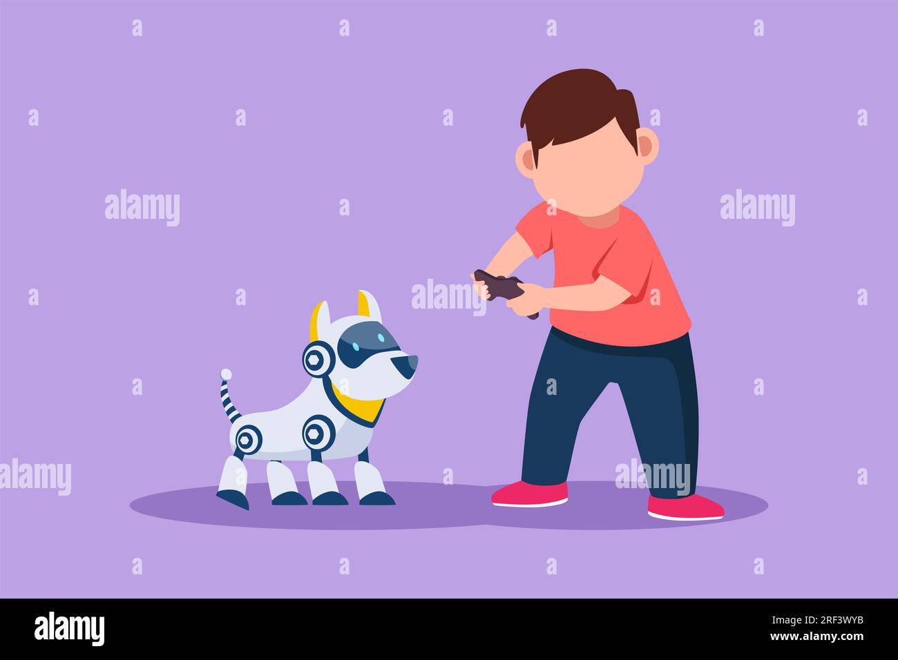 Character flat drawing adorable little boy playing with electronic toys ...