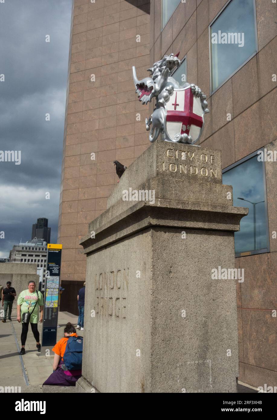 City of London heraldic dragon boundary marker on the southern side (Southwark) of London Bridge, London, England, U.K. Stock Photo