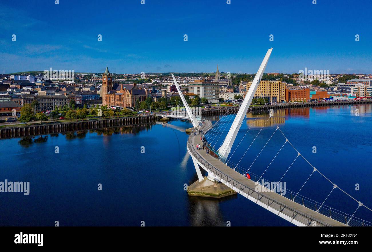 Aerial of Derry City, The Peace Bridge, Lough Foyle, County Londonderry, Northern Ireland Stock Photo
