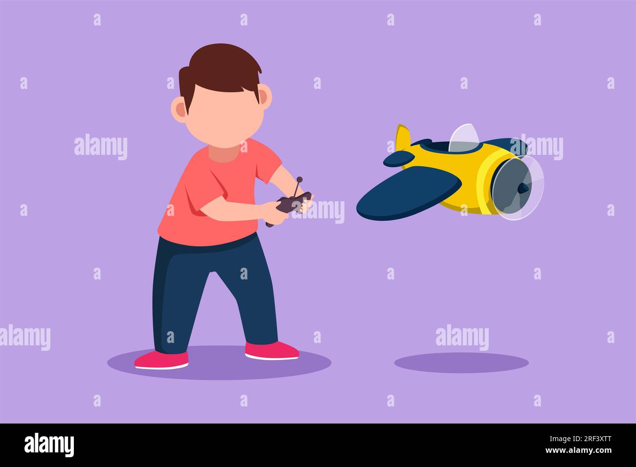 Graphic flat design drawing cuie little boy playing with radio control airplane. Smiling kid controlled flying RC aeroplane. Happy childhood, hobby, p Stock Photo