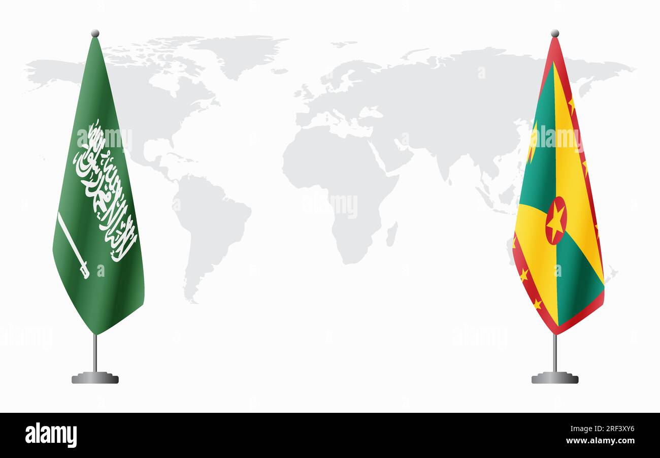 Saudi Arabia and Grenada flags for official meeting against background of world map. Stock Vector