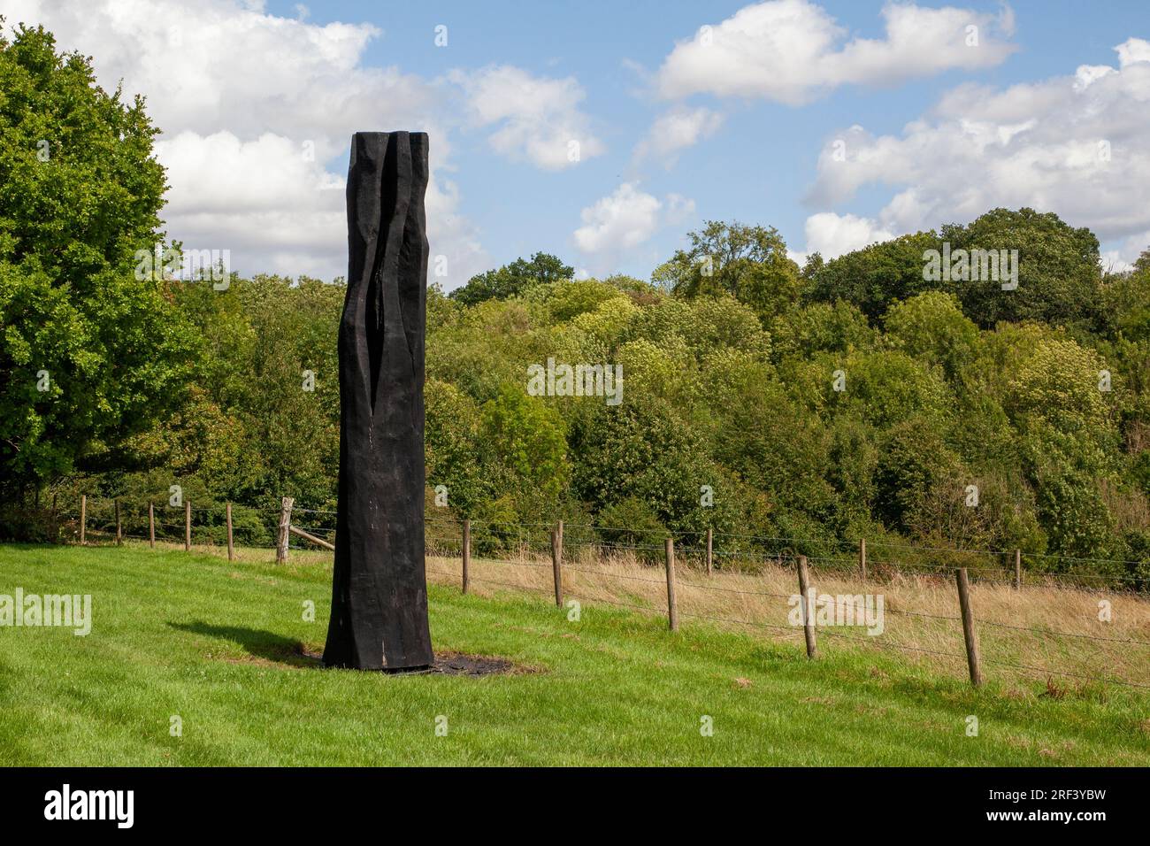 David Nash Black Flame Column, at NewArtCentre, Roche Court, East Winterslow, Salisbury, Wiltshire Stock Photo