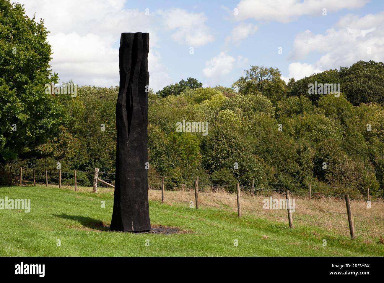 David Nash Black Flame Column, at NewArtCentre, Roche Court, East Winterslow, Salisbury, Wiltshire Stock Photo