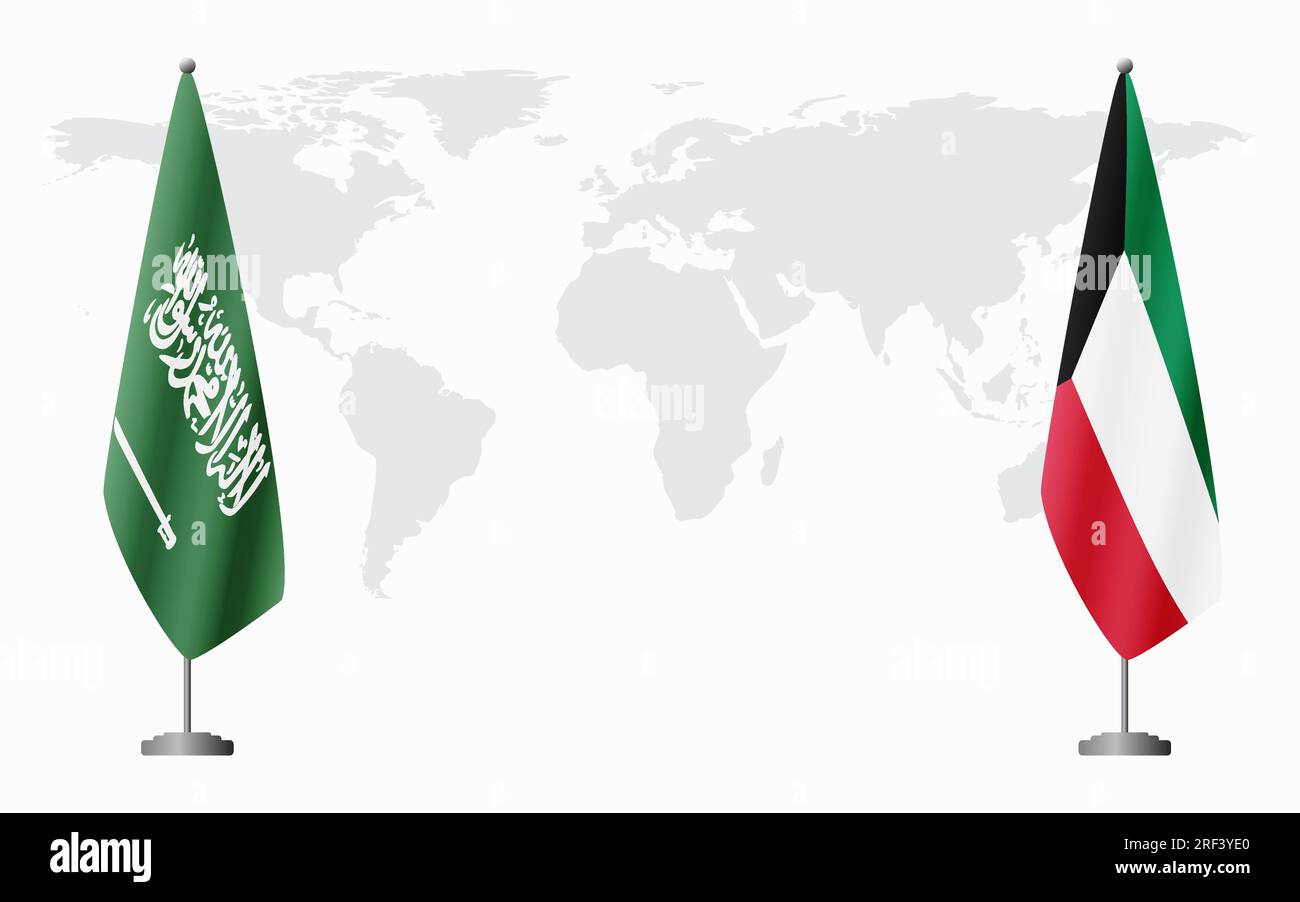 Saudi Arabia and Kuwait flags for official meeting against background