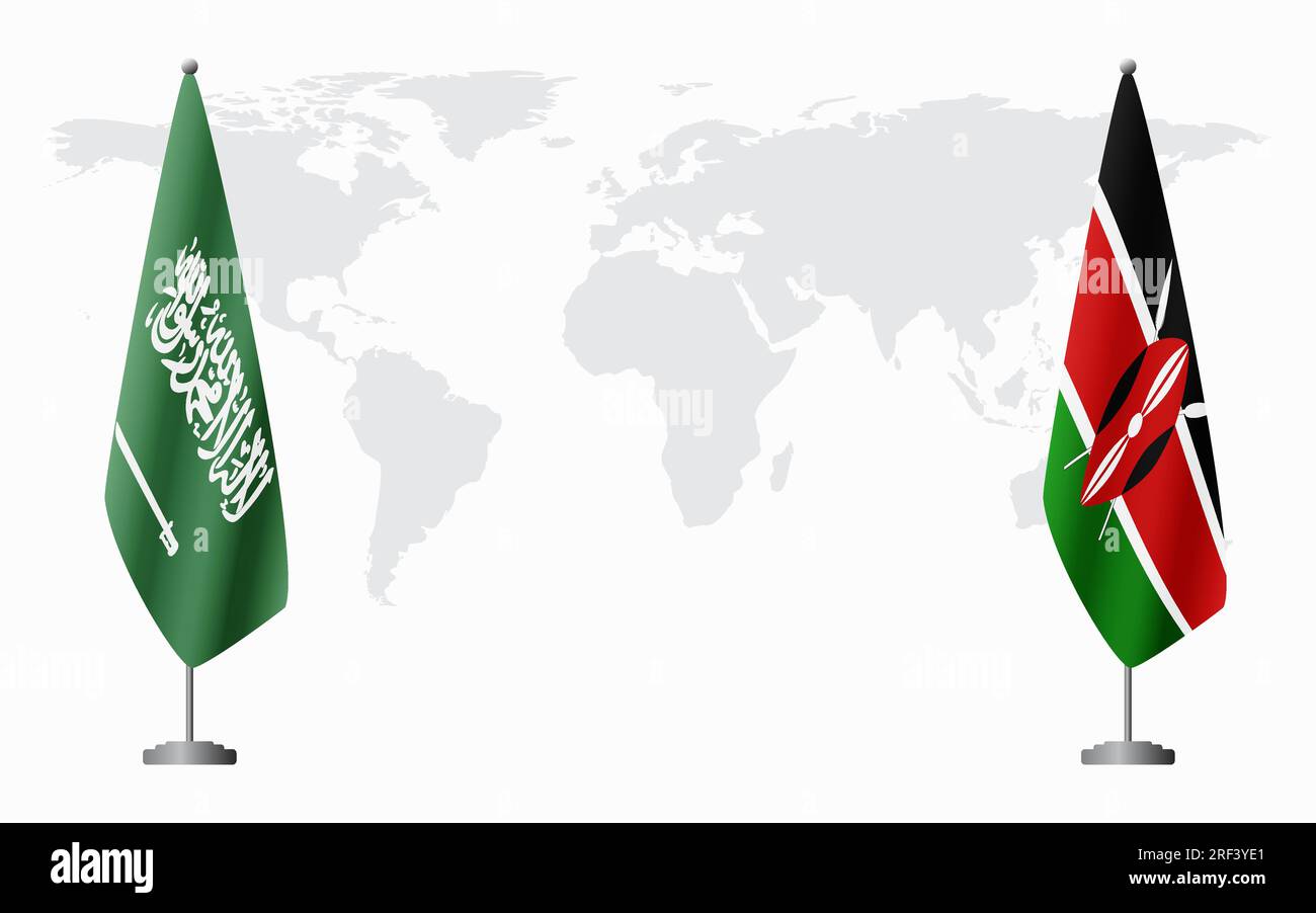 Saudi Arabia and Kenya flags for official meeting against background of