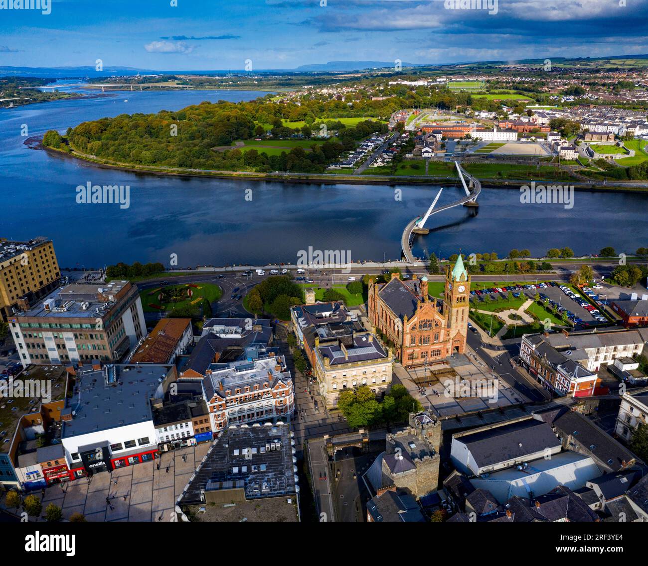 Aerial of Derry City, Lough Foyle, County Londonderry, Northern Ireland Stock Photo