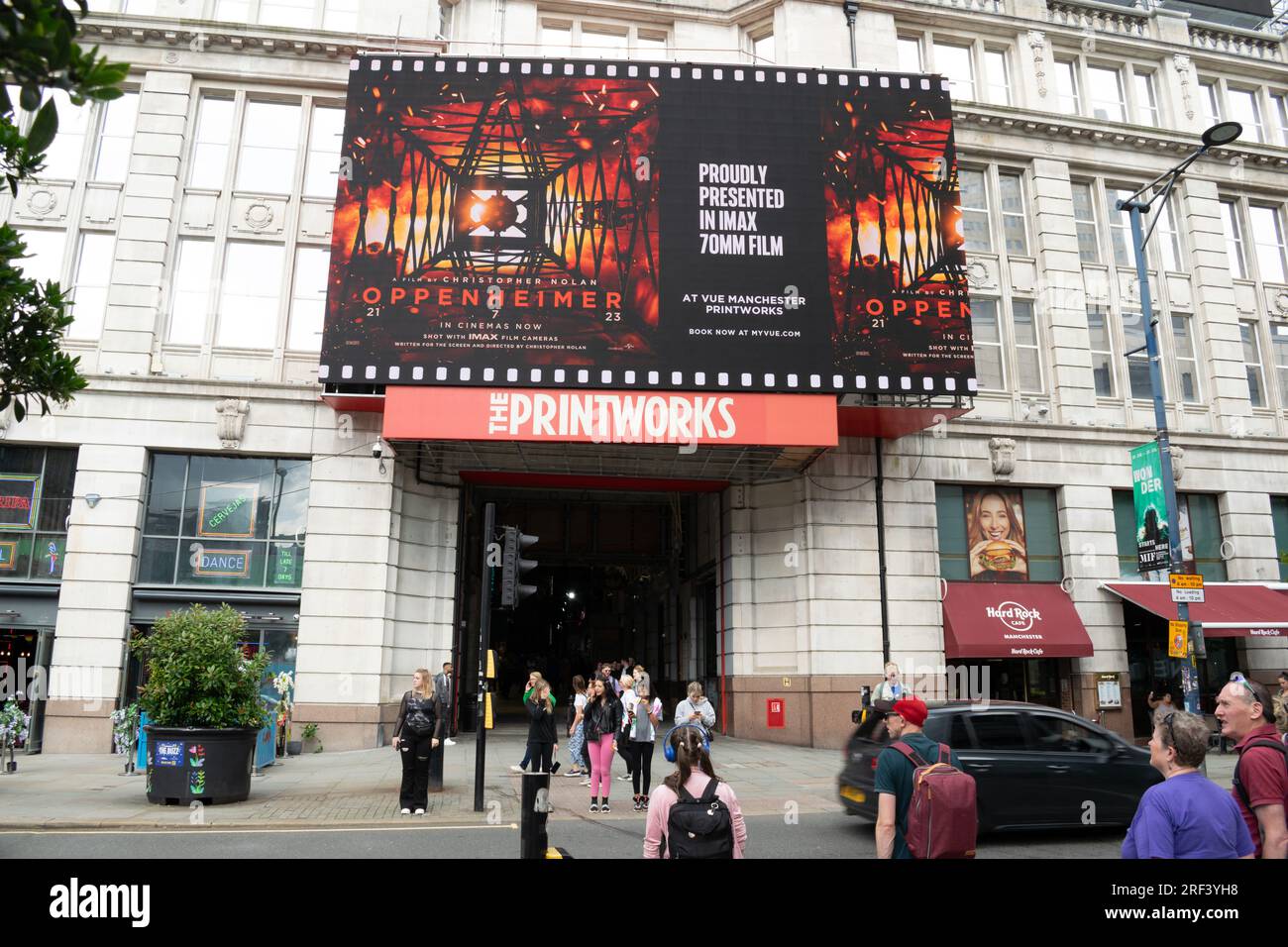 Advert for Oppenheimer IMAX in 70mm film above entrance to Printworks