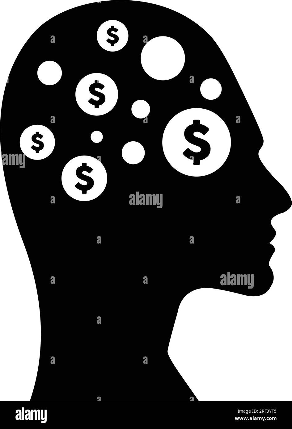 A digital dollar sign icon is displayed on a futuristic human profile face with a brain chip implant for artificial intelligence finance and money min Stock Vector