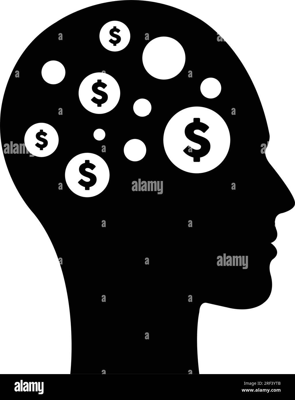 Digital dollar sign icon on futuristic human profile face with brain chip implant for AI Artifical Intelligence finance and money mind illustration in Stock Vector