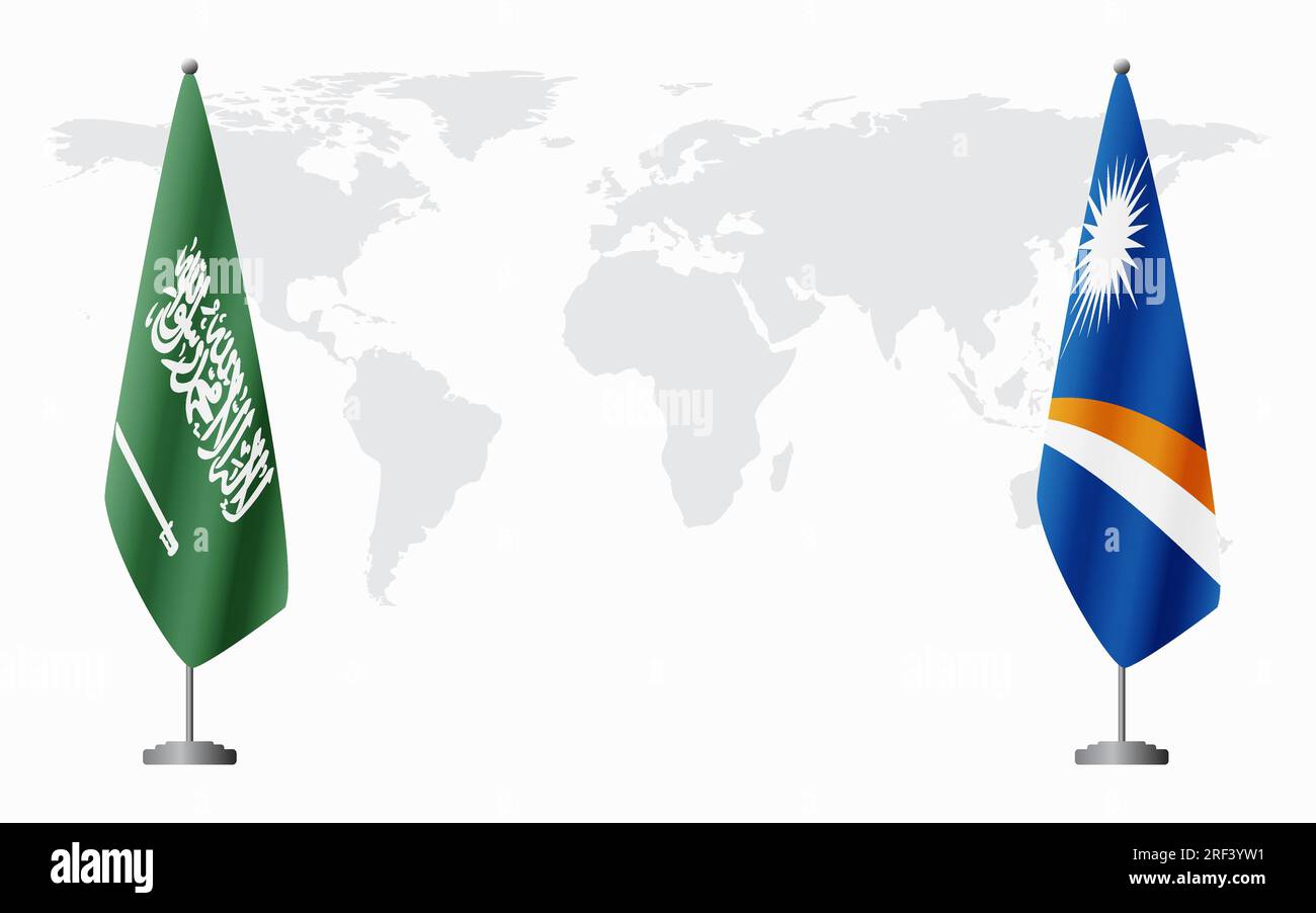 Saudi Arabia and Marshall Islands flags for official meeting against background of world map. Stock Vector