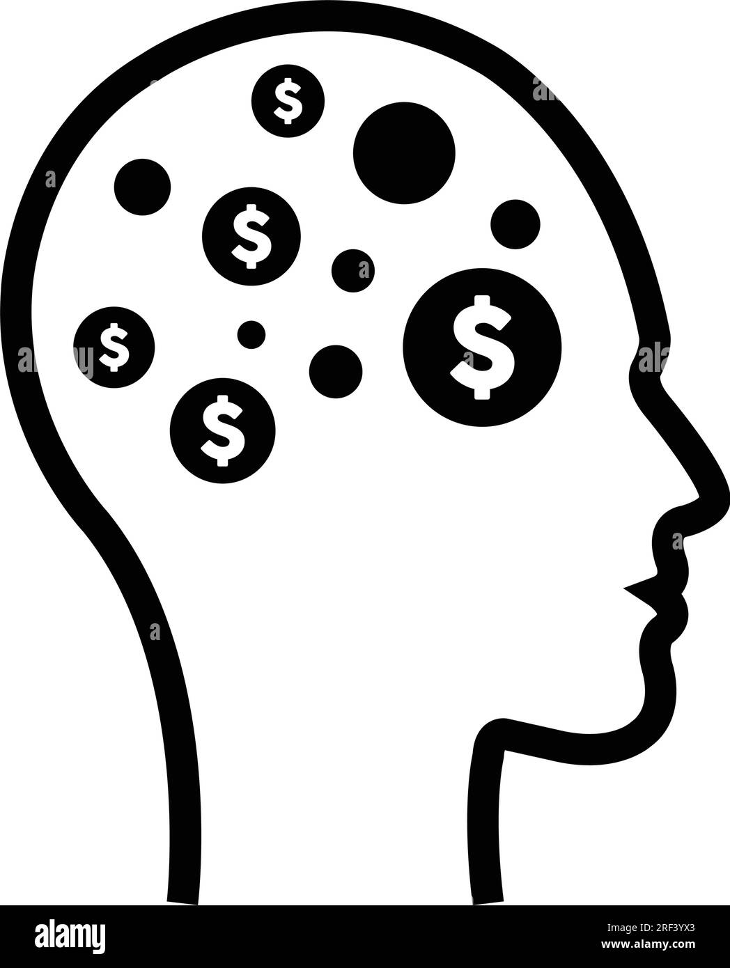 The digital dollar sign icon is on a futuristic human profile face with an implanted brain chip for AI artifical intelligence finance and money mind i Stock Vector
