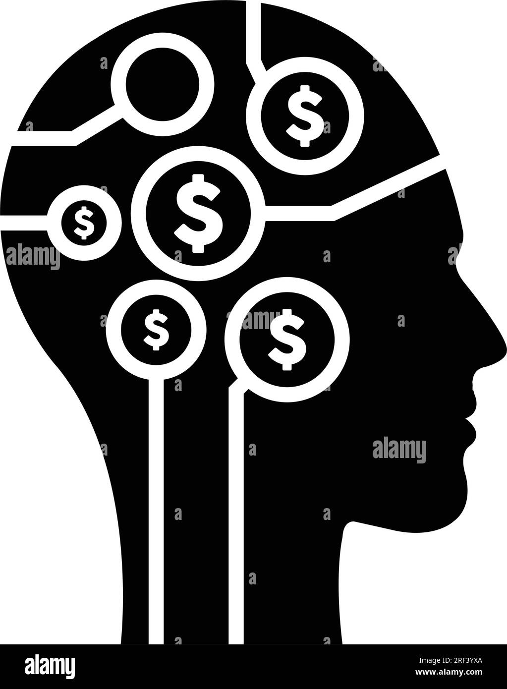 Digital dollar sign symbol on futuristic human profile with brain chip implant for AI Artificial Intelligence money mind illustration. Stock Vector