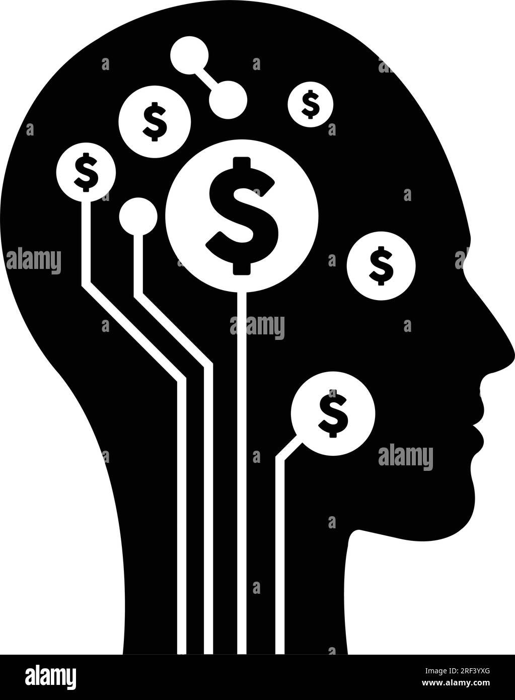 This is a digital dollar symbol on a futuristic human profile face with a brain chip implant for an illustration of artificial intelligence finance an Stock Vector