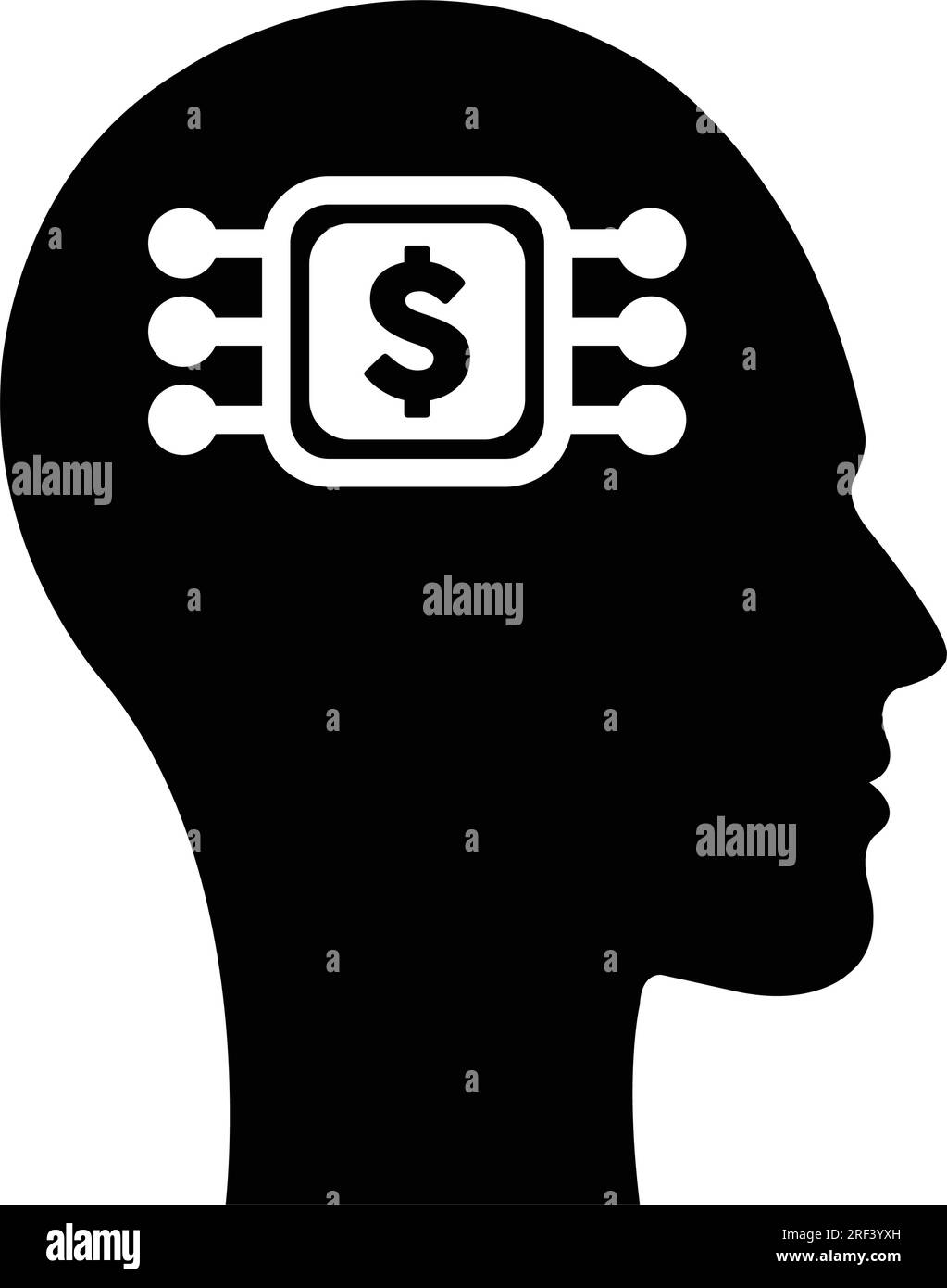 Dollar sign icon on futuristic human profile with a brain chip implant for Artificial Intelligence money and finance mind illustration in glyphs. Stock Vector