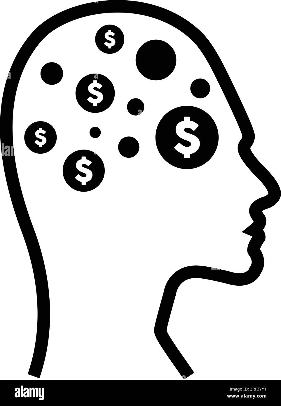 A dollar sign icon on a human profile face with a brain chip implant for Artificial Intelligence finance illustration in glyph pictograms. Stock Vector