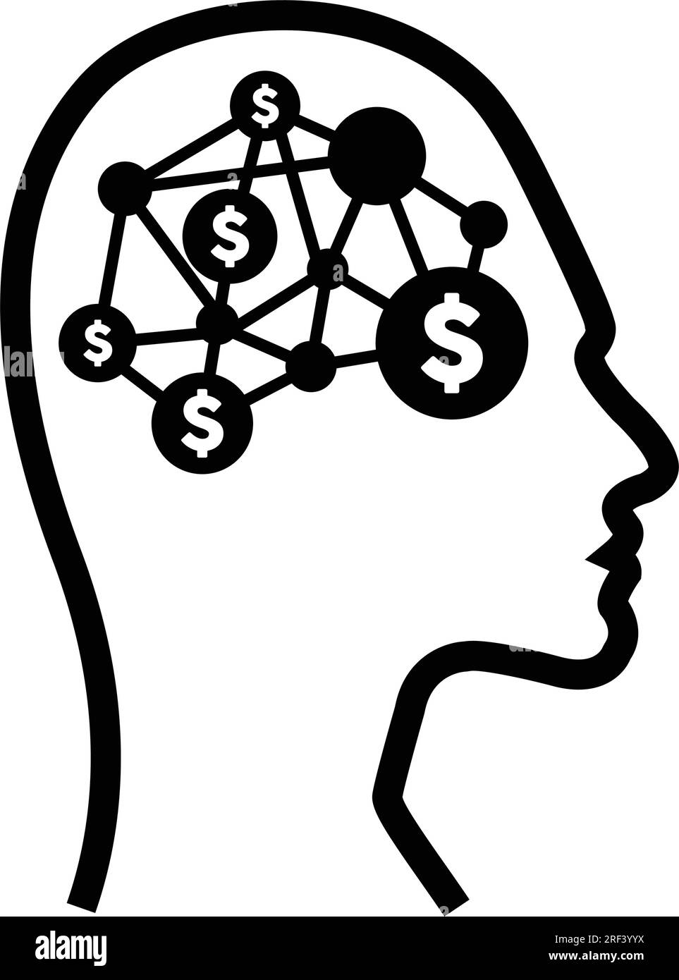 Digital dollar sign symbol on futuristic human profile with brain chip