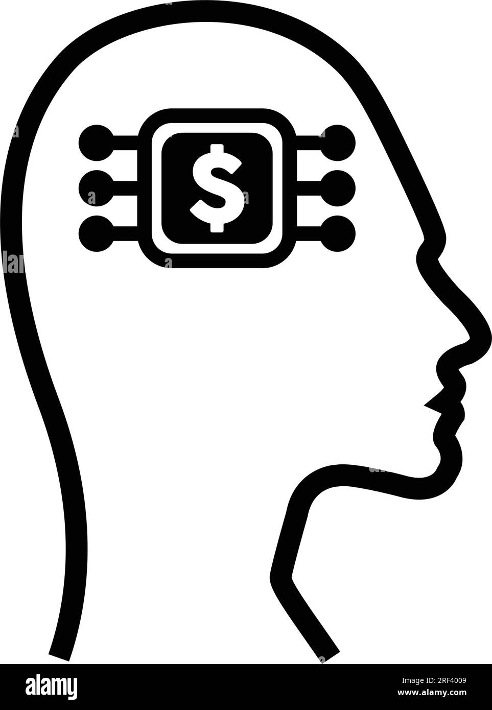 The digital dollar sign icon is on a futuristic human profile face with an implanted brain chip for AI artifical intelligence finance and money mind i Stock Vector