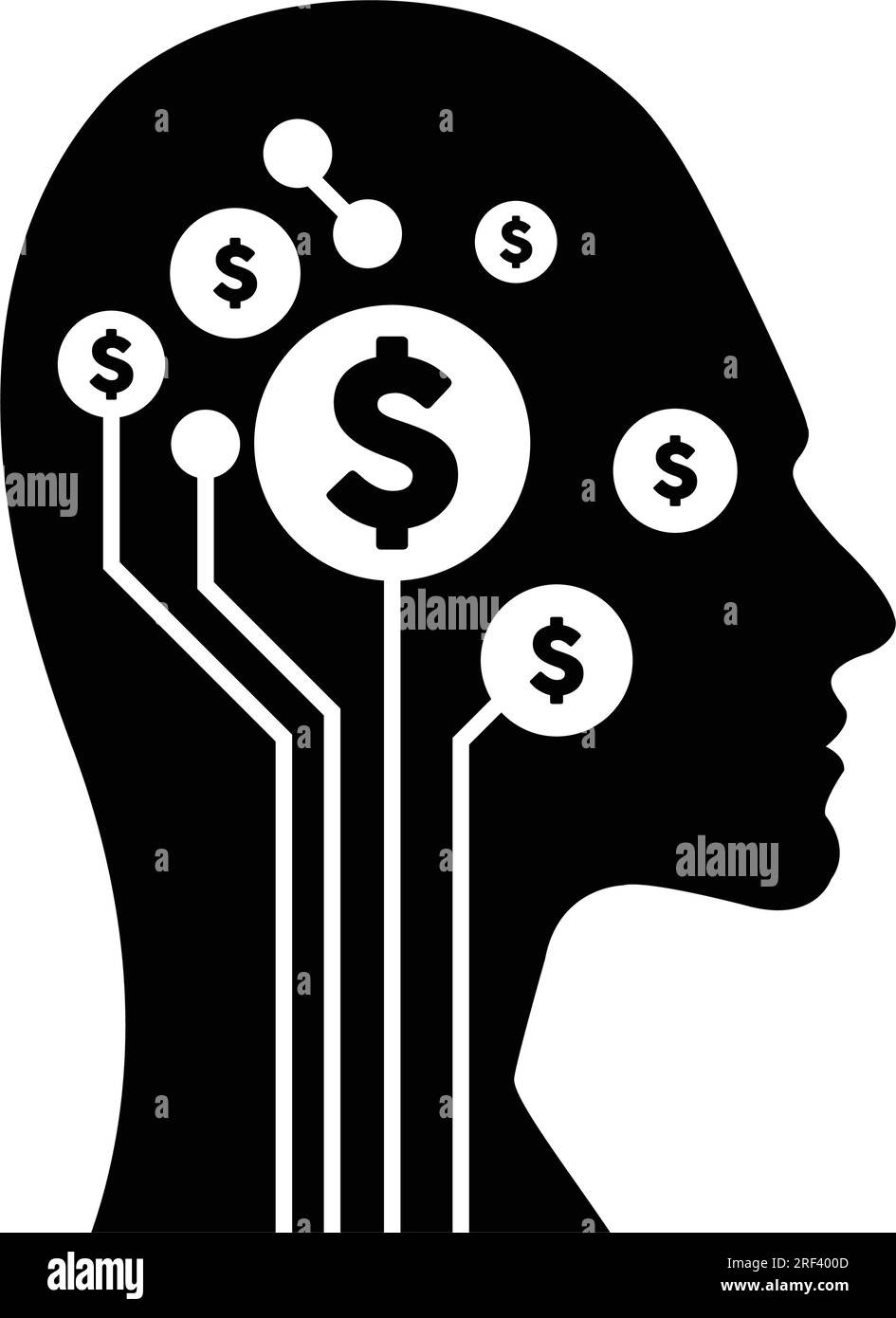 Digital dollar sign symbol on futuristic human profile with brain chip implant for AI Artificial Intelligence money mind illustration. Stock Vector