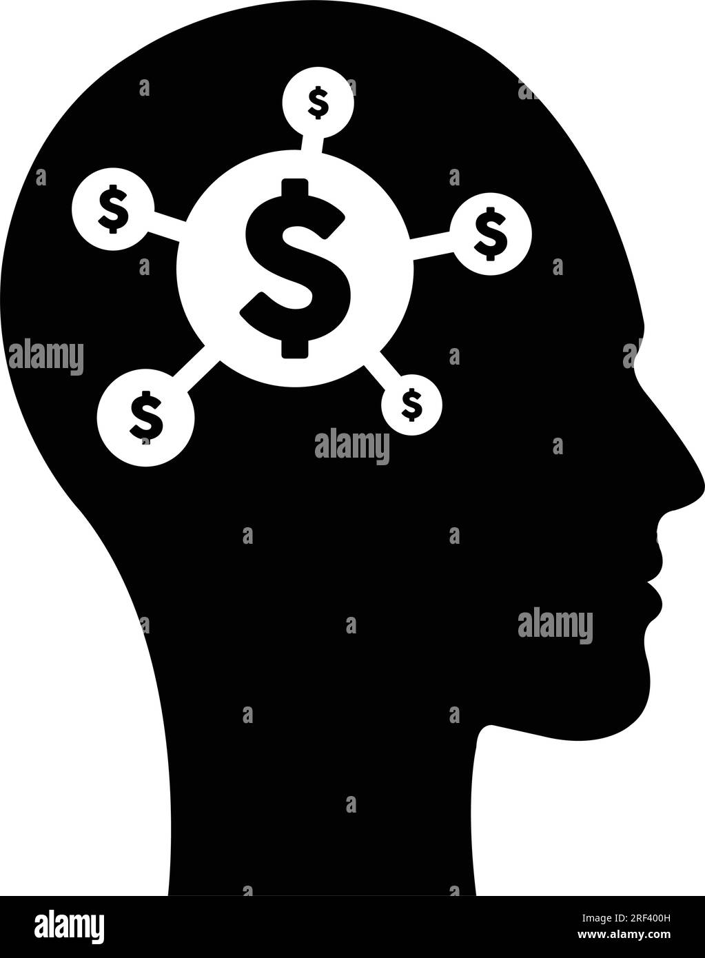 A digital dollar sign icon is displayed on a futuristic human profile face with a brain chip implant for artificial intelligence finance and money min Stock Vector
