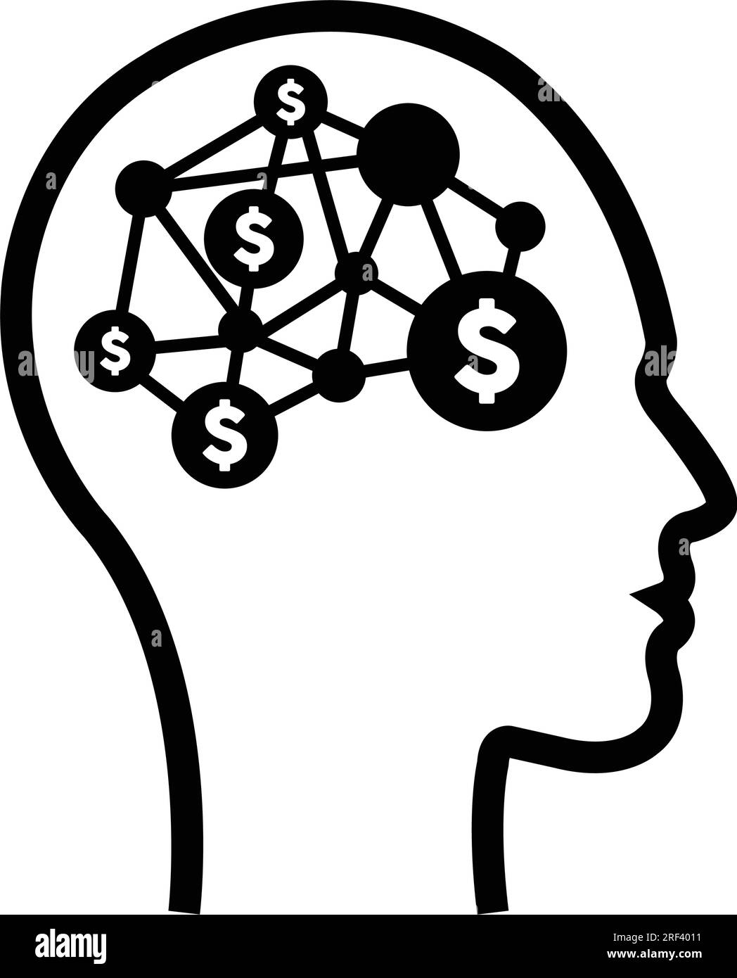This is a digital dollar symbol on a futuristic human profile face with a brain chip implant for an illustration of artificial intelligence finance an Stock Vector