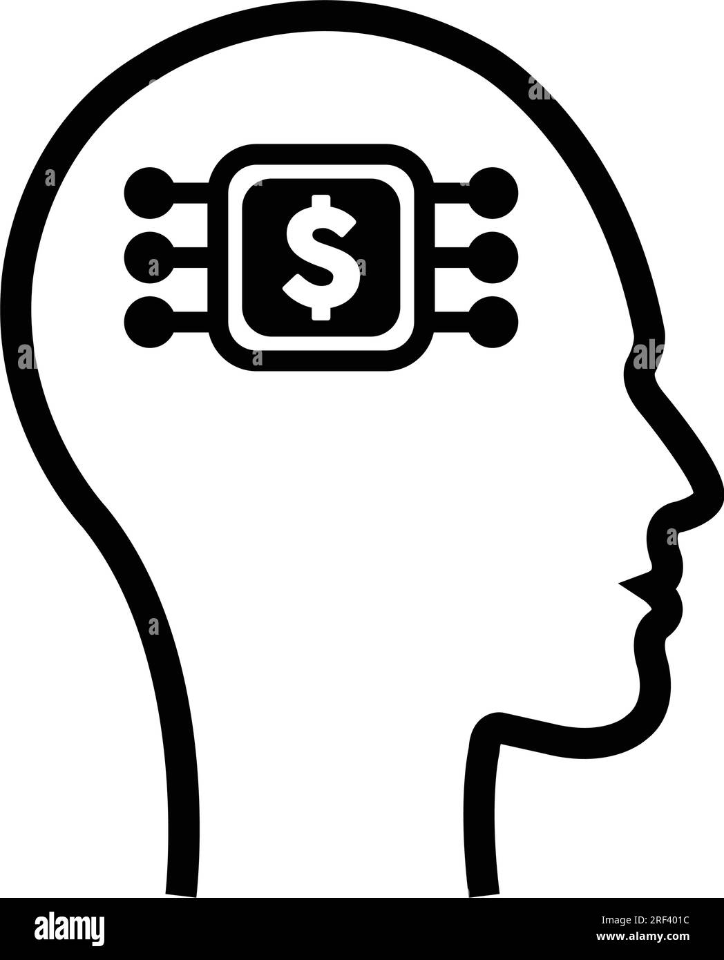 An AI artificial intelligence design for finance and money mind illustration depicted as a digital dollar sign on a futuristic human profile face impl Stock Vector