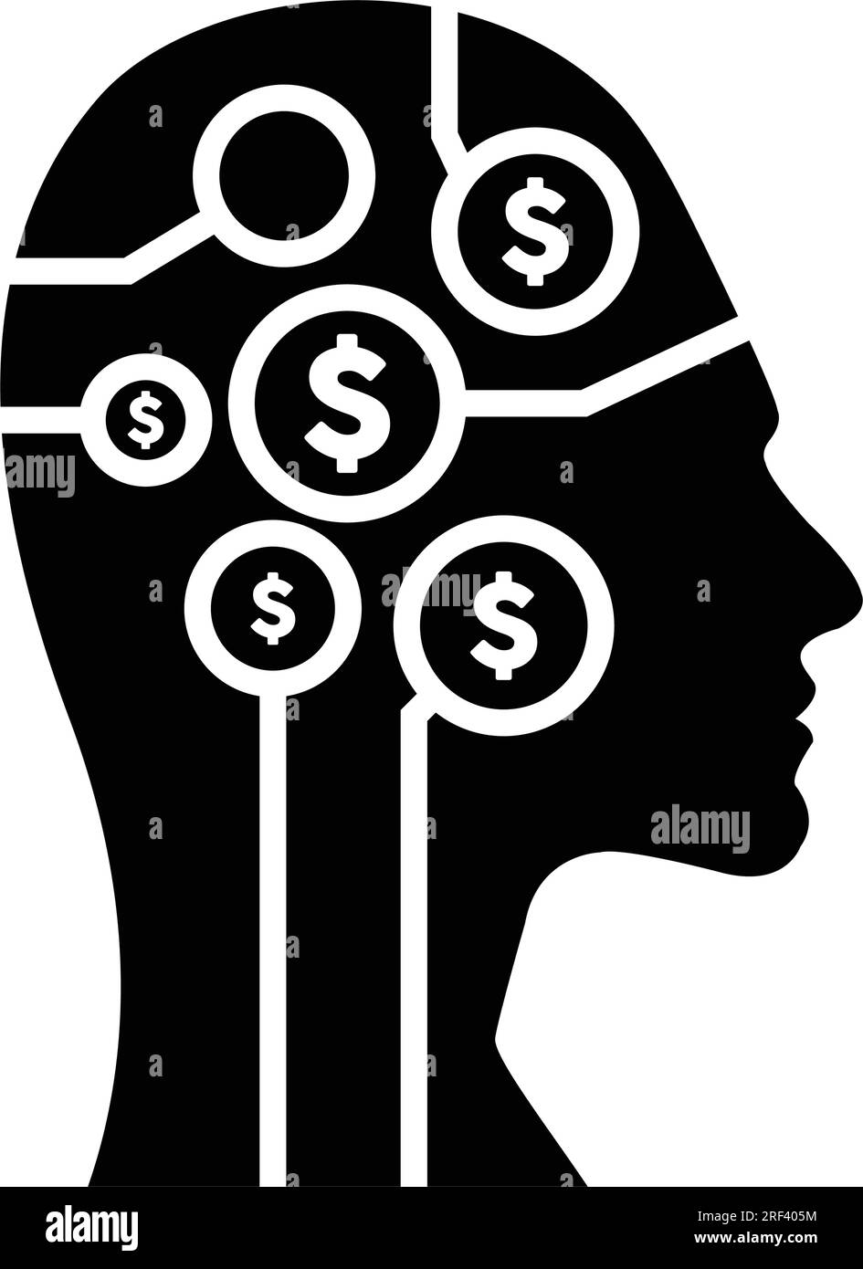 An AI artificial intelligence design for finance and money mind illustration depicted as a digital dollar sign on a futuristic human profile face impl Stock Vector