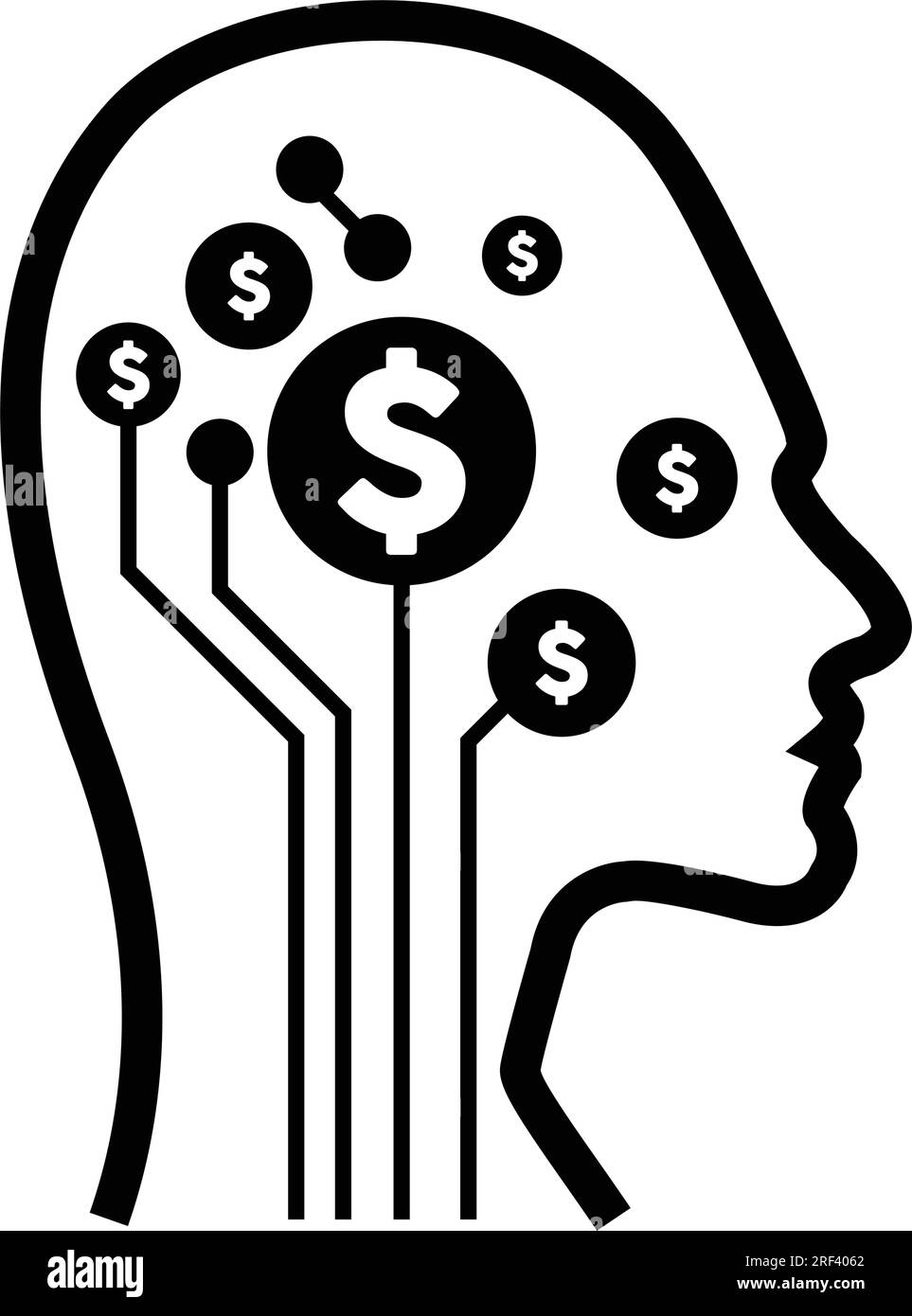 A digital dollar sign icon is displayed on a futuristic human profile