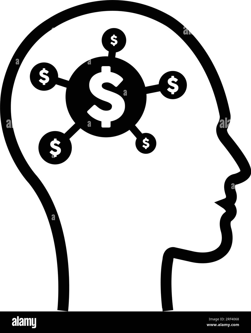 A dollar sign icon on a human profile face with a brain chip implant for Artificial Intelligence finance illustration in glyph pictograms. Stock Vector