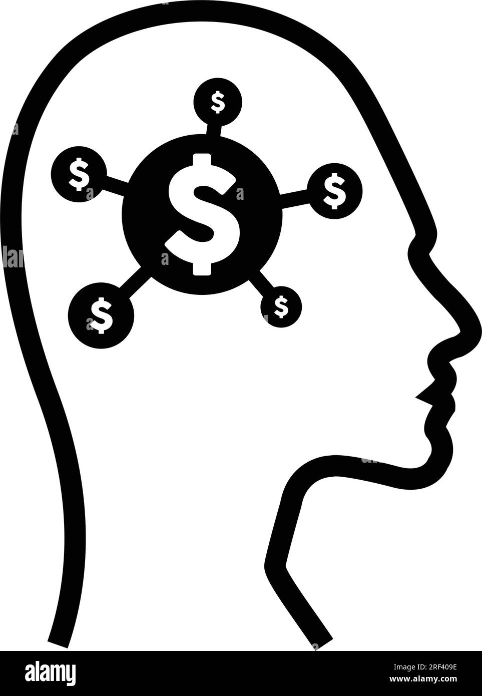 Dollar sign icon on futuristic human profile with a brain chip implant for Artificial Intelligence money and finance mind illustration in glyphs. Stock Vector