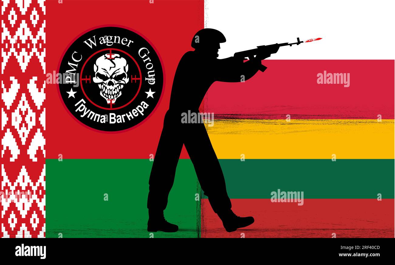 2023. Illustration of a militant of the Wagner military company in Russia against the background of the flag of Belarus, Lithuania, Poland. PMC. Stock Photo