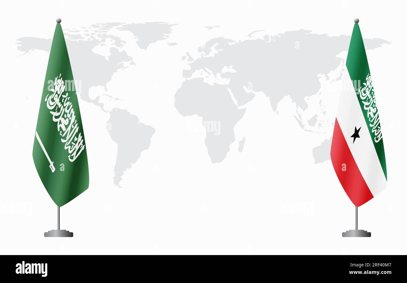 Saudi Arabia and Somaliland flags for official meeting against background of world map. Stock Vector