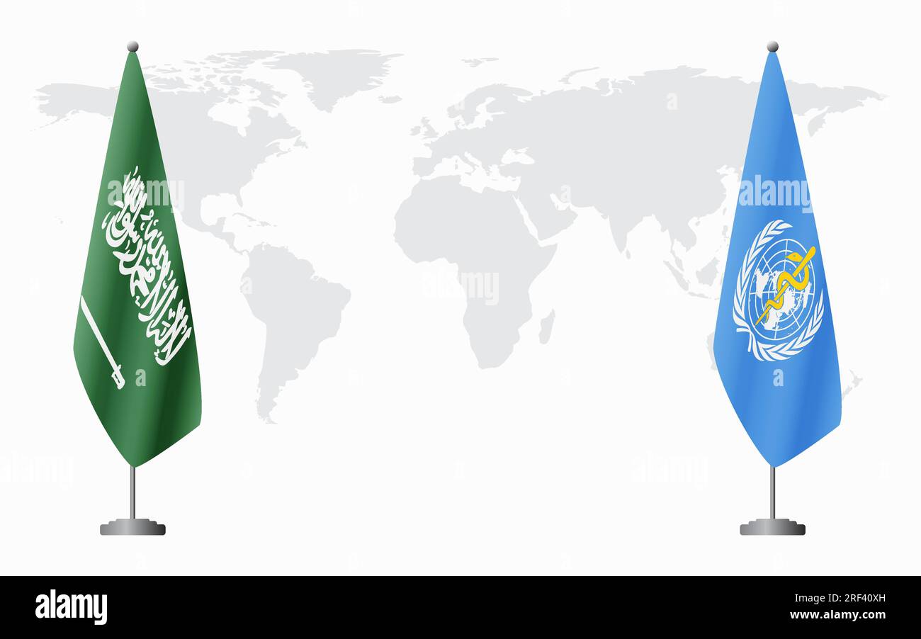 Saudi Arabia and World Health Organization flags for official meeting
