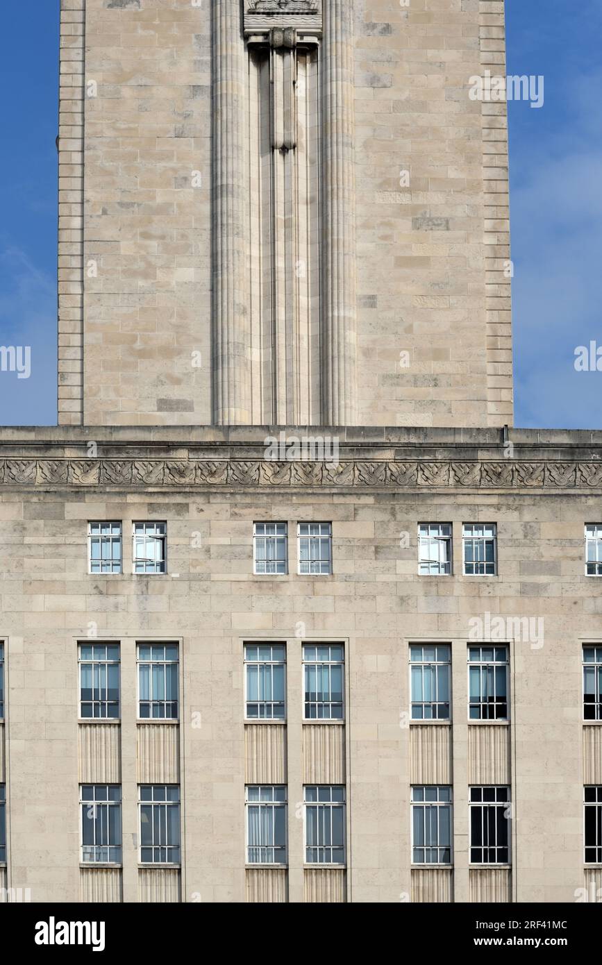 Art Deco Details on the Ventilation Shaft of George's Dock Building (1931-1934), designed by Herbert Rowse, on the Pier Head & Waterfront of Liverpool Stock Photo
