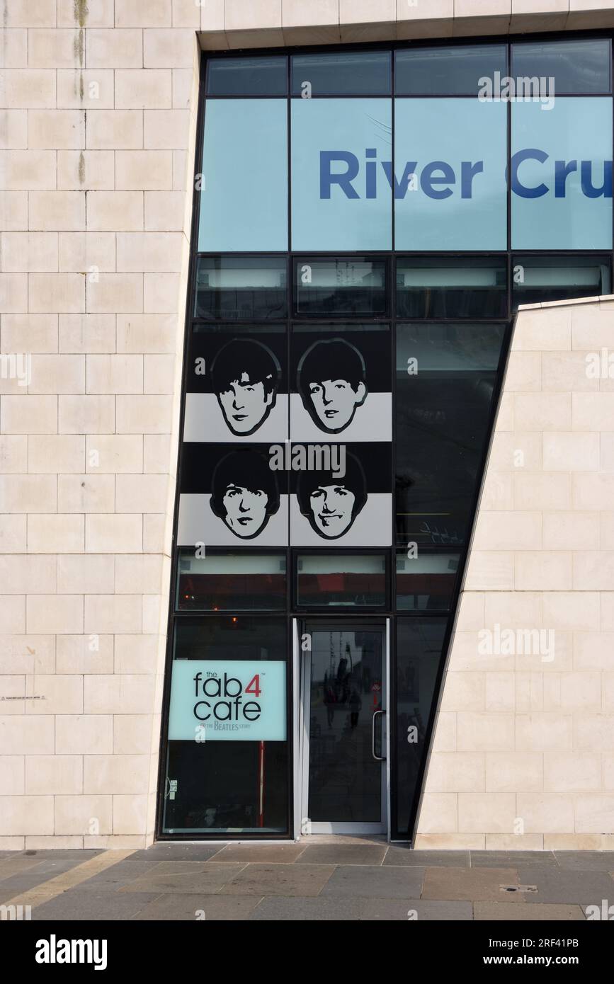 Entrance to the Fab 4 Cafe, related to the Beatles Museum, in the Modernist Pier Head Ferry Terminal Building (2009) on the Waterfront Liverpool UK Stock Photo