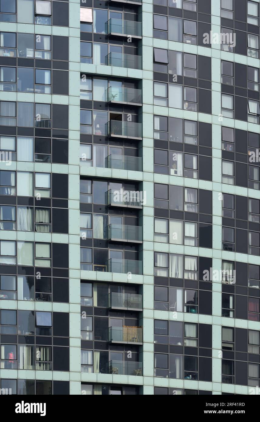 Window Patterns of Modern or Modernist Alexandra Tower (2005-2008) or Residential Tower Block Prince's Dock Liverpool Stock Photo