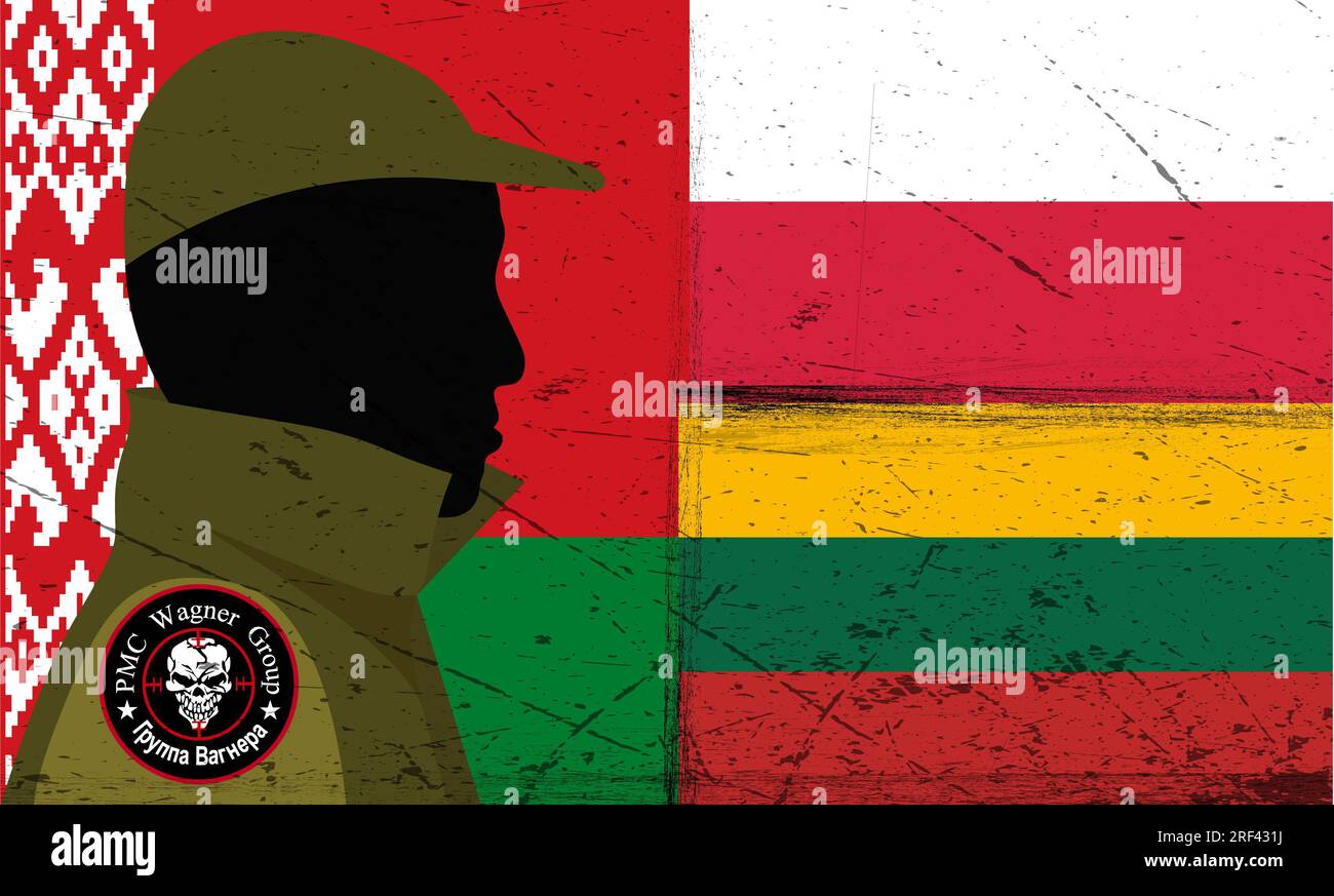 The leader of PMC Wagner, Yevgeny Prigozhin the background of the flag of Belarus, Lithuania, Poland. PMC. Stock Photo