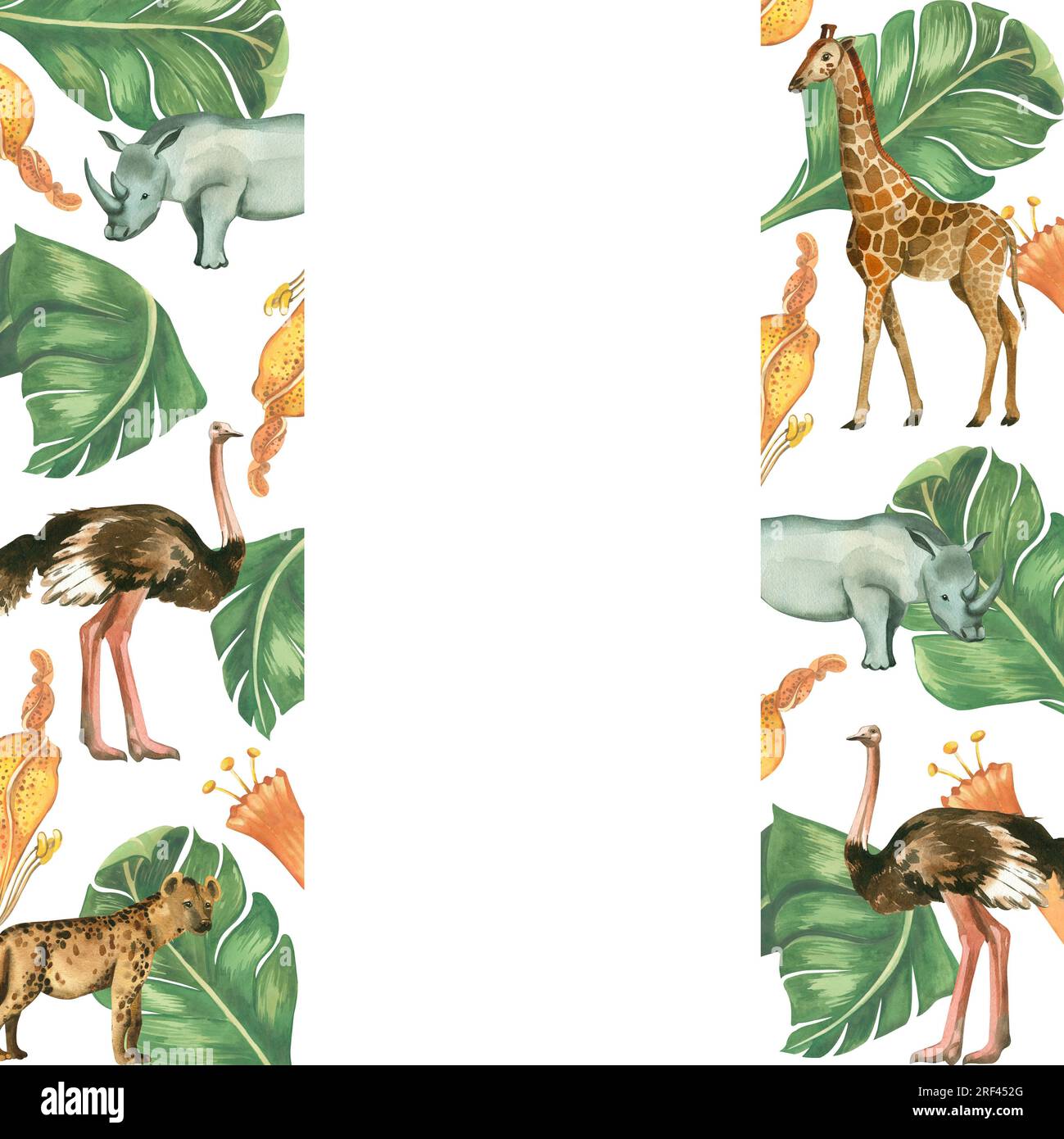 Watercolor illustration. A rectangular frame with African animals and ...