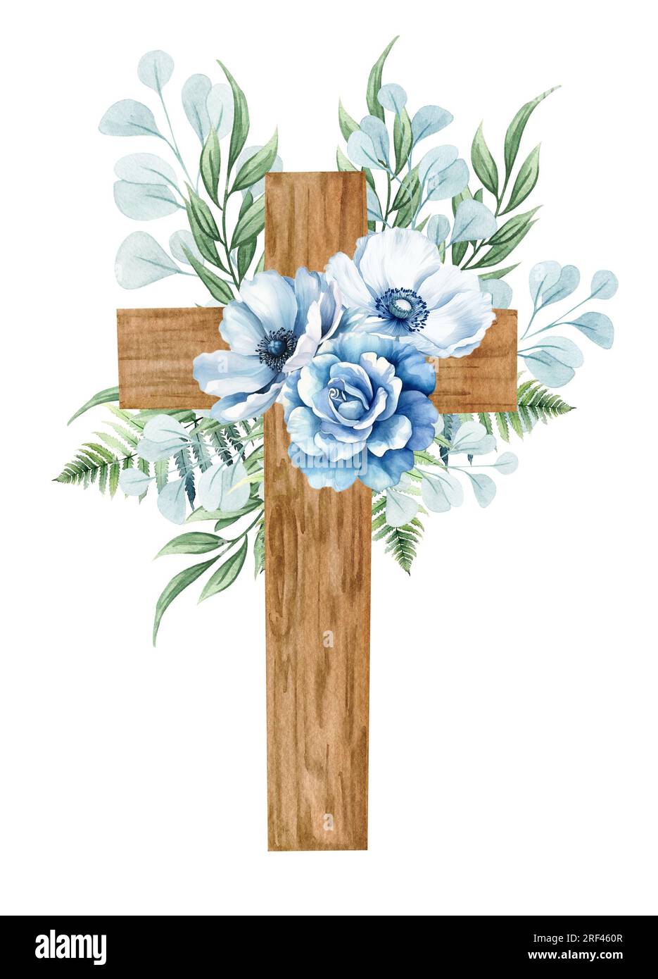 Floral cross. Wooden cross with blue flowers, fern, eucalyptus twigs