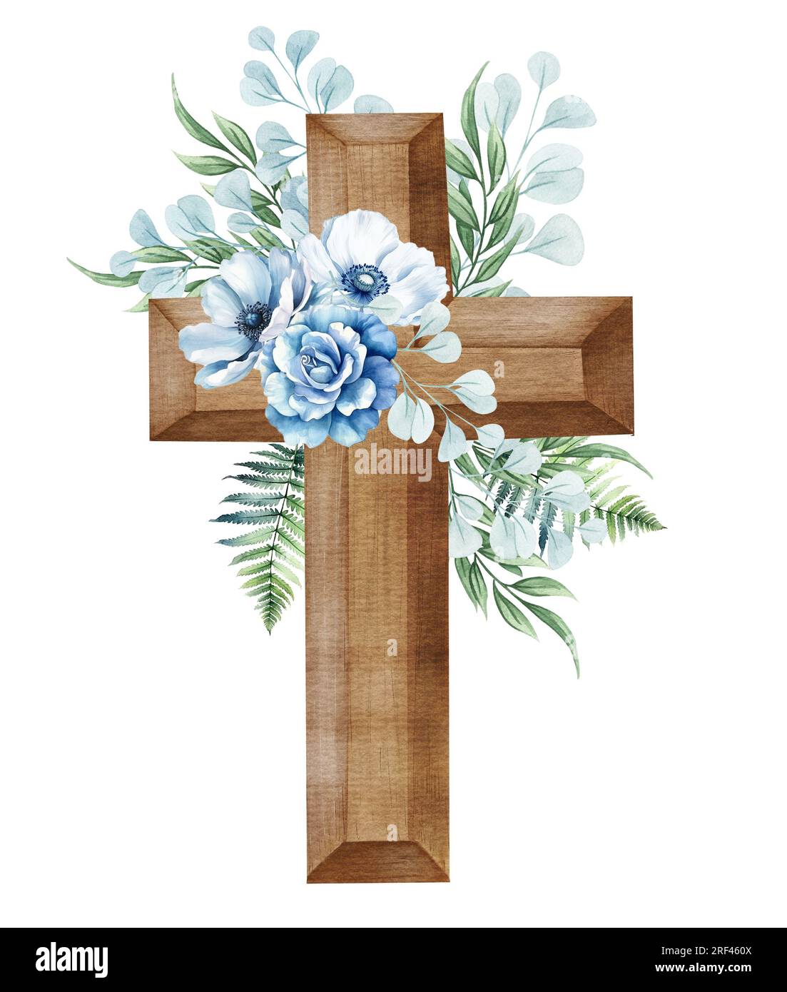 Floral cross. Wooden cross with blue flowers, fern, eucalyptus twigs