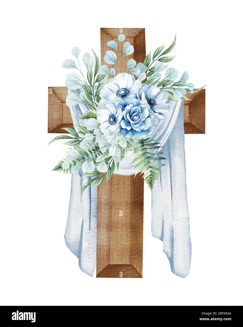 Floral cross. Wooden cross with blue flowers, fern, eucalyptus twigs