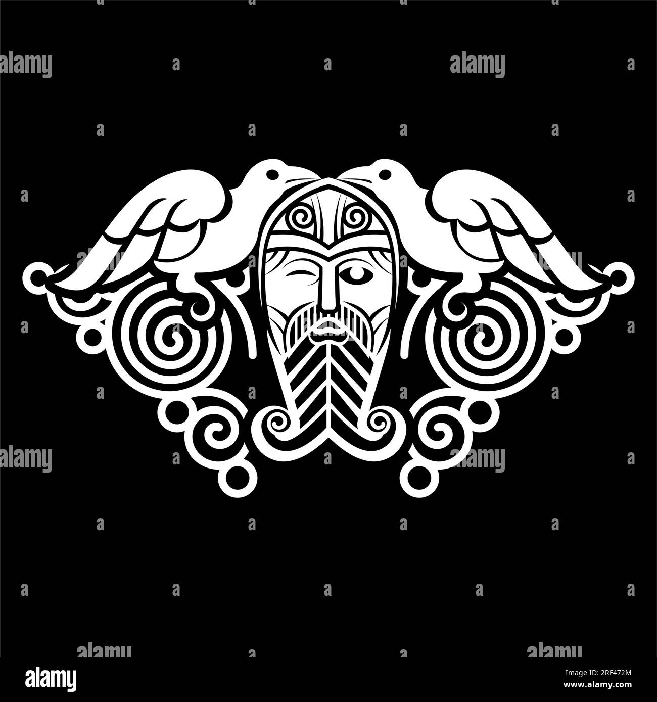 Design in Old Norse style. Supreme God Odin, two Crows and runic signs drawn in the Celtic-Scandinavian style Stock Vector