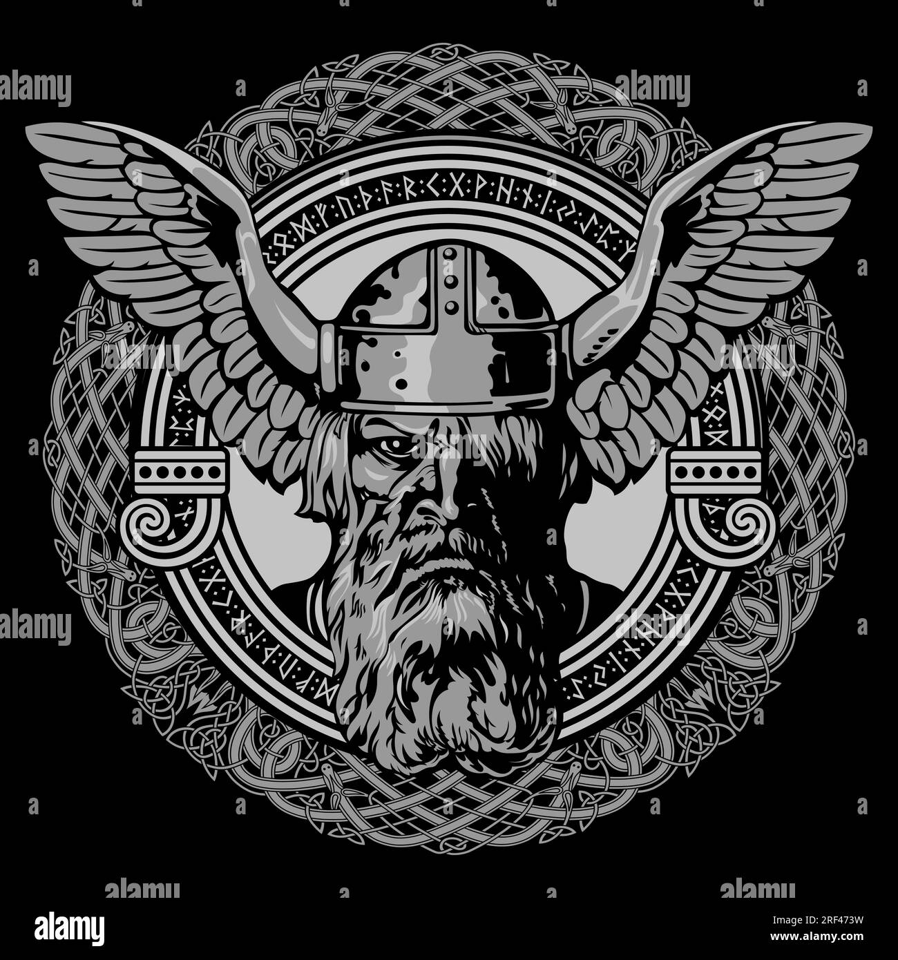 Scandinavian Viking design. Ancient Norse God Odin wearing a helmet with the wings of an eagle and an ancient Celtic-Scandinavian pattern Stock Vector