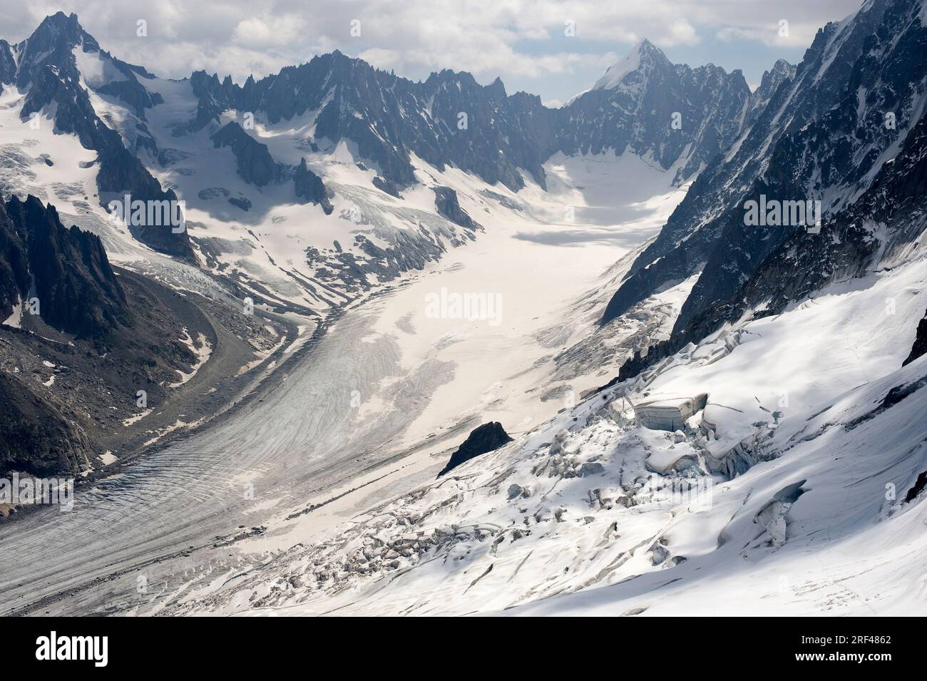 Argentiere glacier with main and secondary glaciers, cirques, hanging valleys, aretes, horns, crevases, seracs and moraines. Chamonix-Mont Blanc, Alps Stock Photo