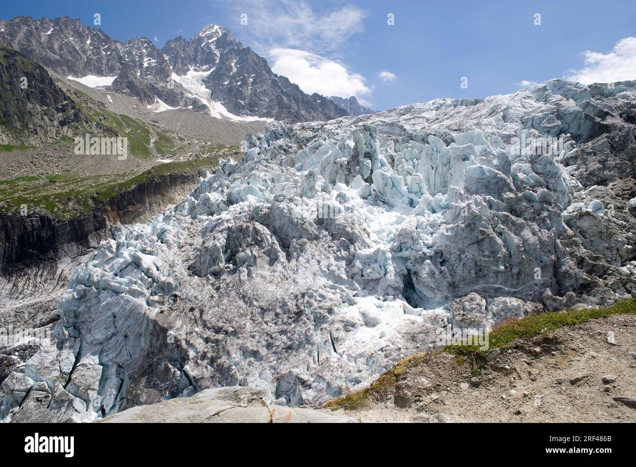Argentiere glacier with  cirques, hanging valleys, aretes, horns, crevases and moraines. Chamonix-Mont Blanc, Alps, France. Stock Photo