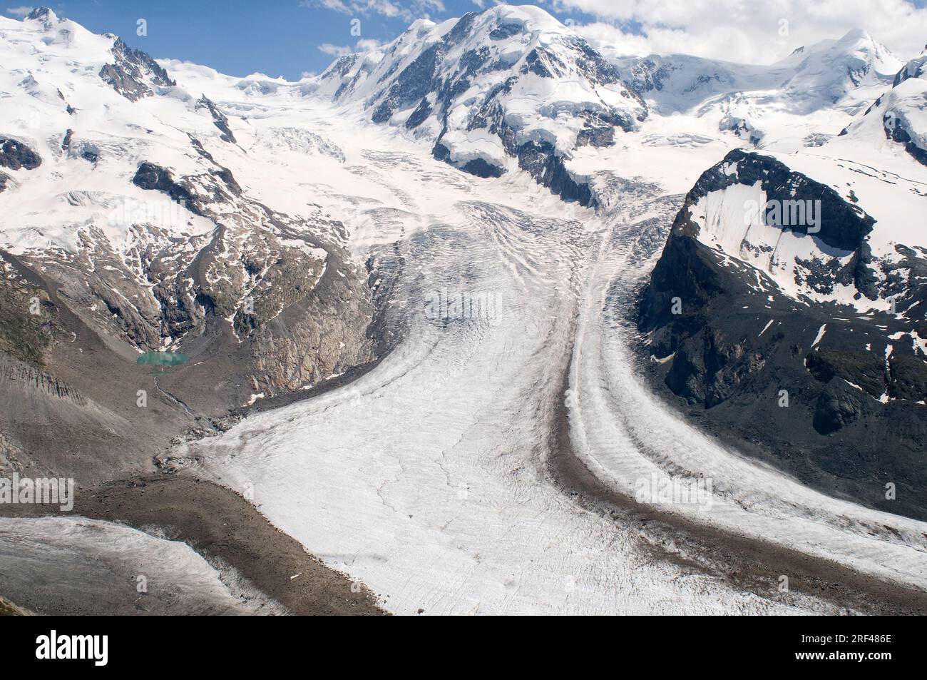 Gornergrat glacier with main and secondary glaciers, cirques, hanging valleys, aretes, horns, crevases, moraines and glacier lake. Alps, Switzerland. Stock Photo