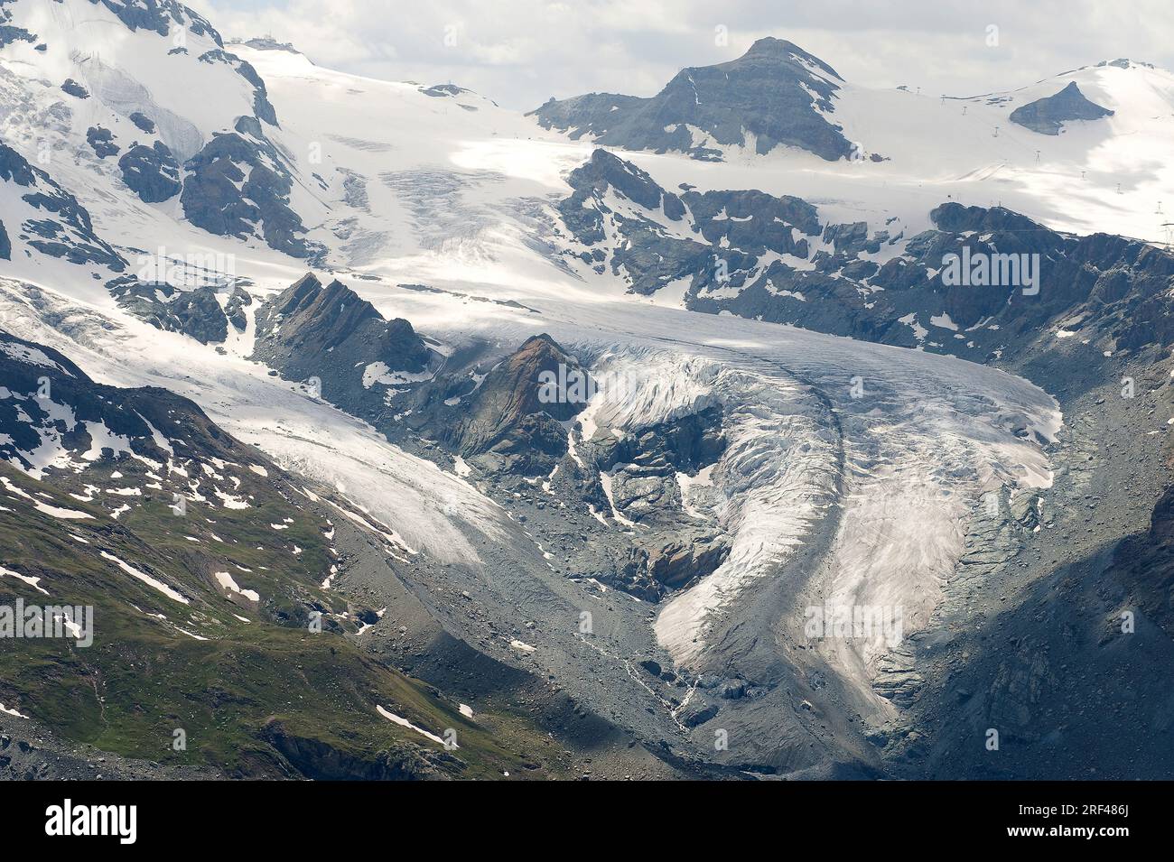 Gornergrat glacier with main and secondary glaciers, cirques, hanging valleys, aretes, horns, crevases and moraines. Alps, Switzerland. Stock Photo