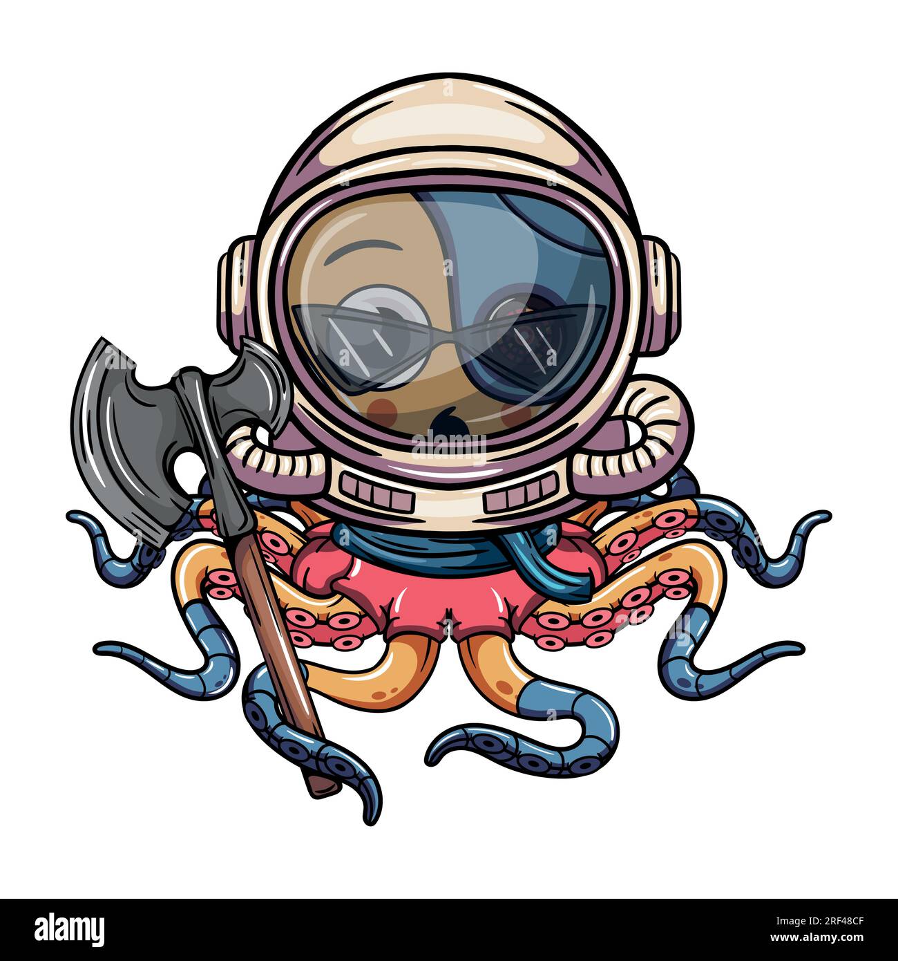 Cartoon cyborg yellow octopus character wearing astronaut space suit with war axe. Illustration for fantasy, science fiction and adventure comics Stock Vector
