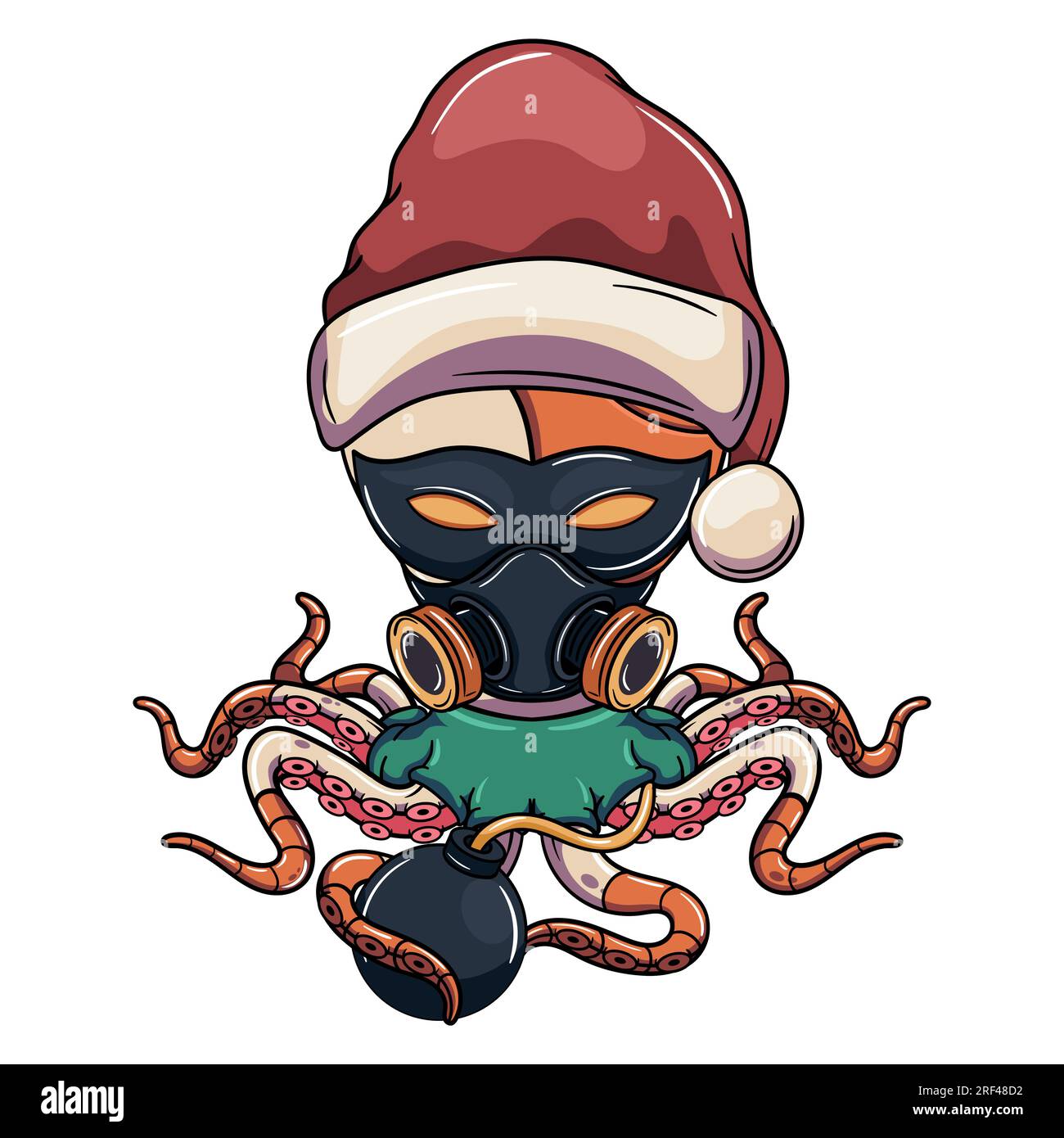 Cartoon cyborg octopus character with christmas santa claus hat, with eye mask, gas mask and with a bomb. Illustration for fantasy, science fiction an Stock Vector